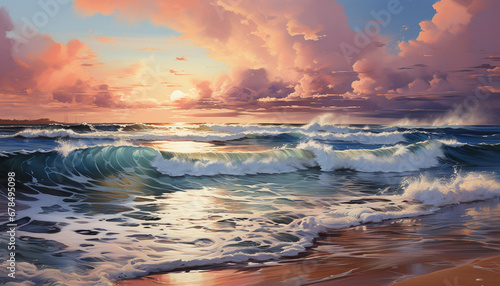 Sunset over the coastline, waves crashing, nature tranquil beauty generated by AI