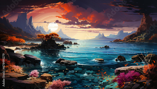 Illustration of a sunset over a mountain, water waves crash generated by AI © Stockgiu