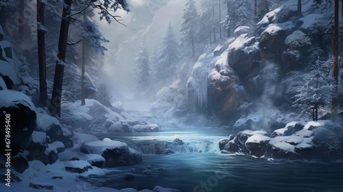 A secluded hot spring hidden in a snowy forest, steam rising gently in the cold air, creating a sense of natural serenity