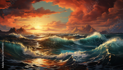 Sunset over the coastline, waves crashing on rocky cliffs generated by AI