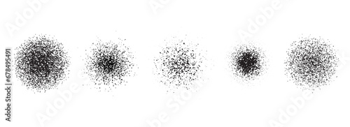 Stippled radial brush stroke set. Grain dotted gradient collection. Grunge sprinkle spray texture. Dirty dust sand noise round elements. Splattered dotted overlay. Grungy splashed stains spots vector