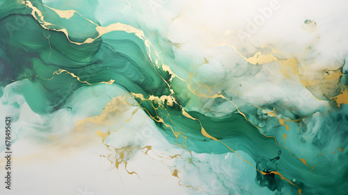 Abstract rough green white gold art painting marble texture. generative AI.