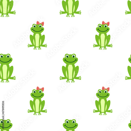 Vector Seamless pattern with cartoon green frog isolated on white background. Frogs boy and girl with bow sit and smile.