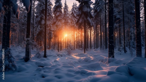 A snow-covered Scandinavian forest at twilight  with the last rays of sunlight filtering through the trees in a tranquil dance