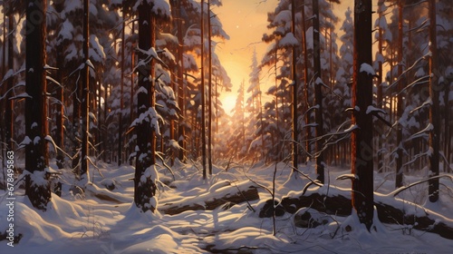 A snow-covered Scandinavian forest at twilight, with the last rays of sunlight filtering through the trees in a tranquil dance