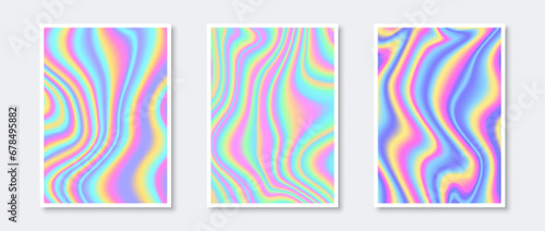Set of holographic backgrounds. Rainbow wavy gradient wallpaper collection for card, brochure, flyer, poster, banner, booklet. Foil iridescent liquid backdrop bundles. Vector pastel templates pack