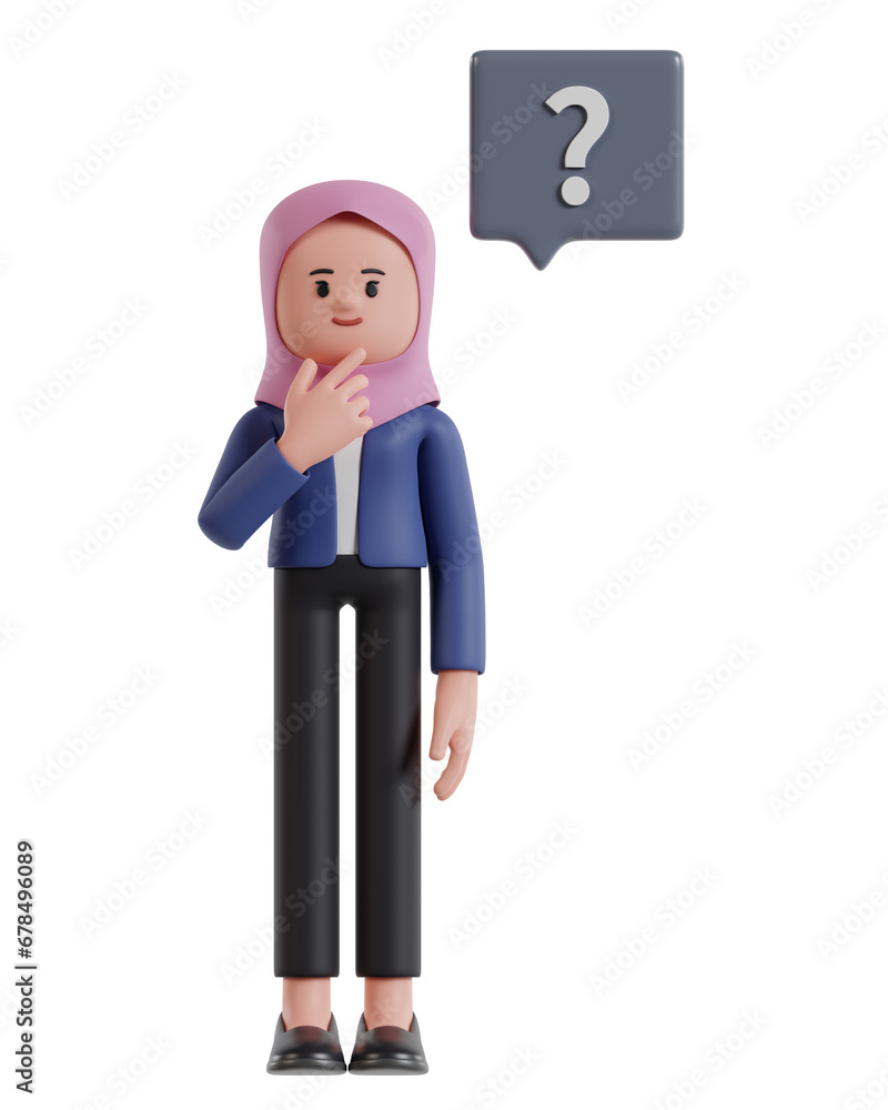 3d Illustration of Cartoon Businesswoman wearing hijab holding chin while thinking with question mark 3d Illustration of Cartoon Businesswoman wearing hijab holding chin while thinking with question mark
