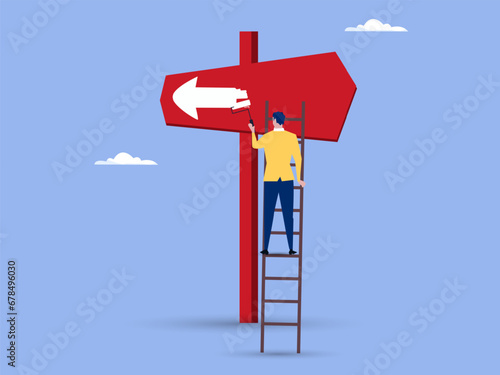 Change to opposite direction, hesitate business decision to change to better opportunity, conflict or reverse direction, career path concept, businessman paint opposite direction arrow on arrow sign.