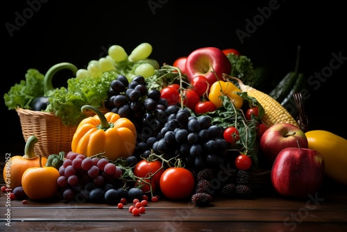 Cornucopia of fresh fruits and vegetables on a wooden surface  signifying abundance and health.