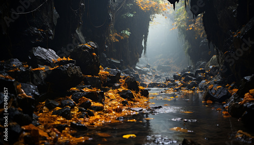 Mysterious autumn forest wet rocks, yellow leaves, dark water generated by AI