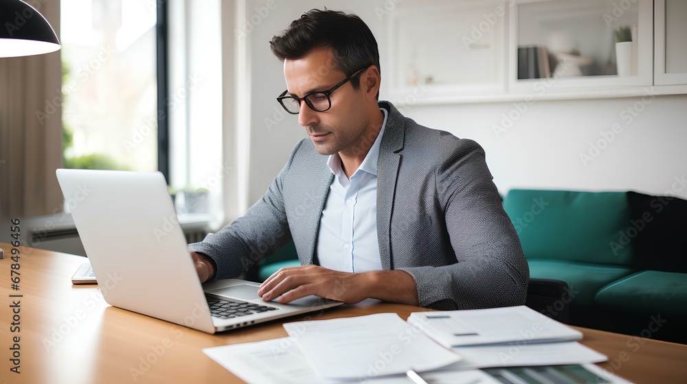 Focused male adviser working financial reports online over laptop at desk in home office. generative AI Focused male adviser working financial reports online over laptop at desk in home office. generative AI