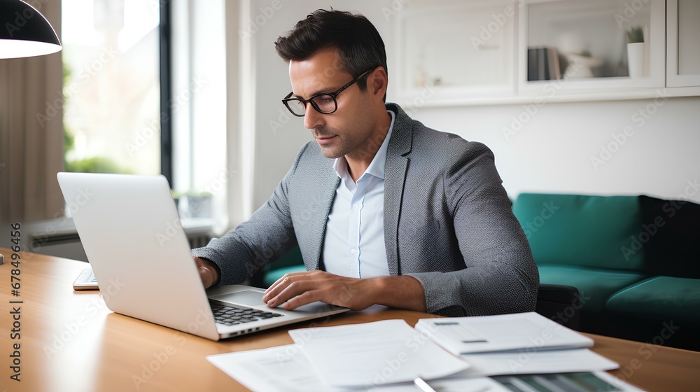 Focused male adviser working financial reports online over laptop at desk in home office. generative AI