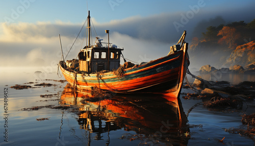 Fishing boat sails on tranquil dusk waters, reflecting nature beauty generated by AI