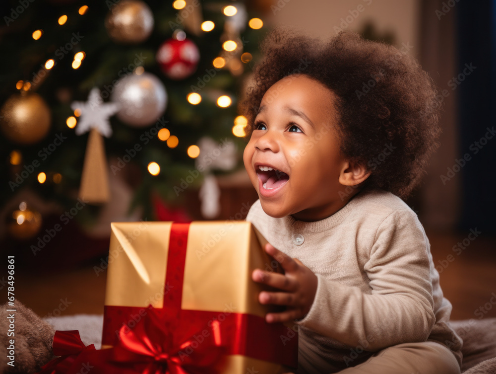 A child was happy to receive presents at Christmas A child was happy to receive presents at Christmas