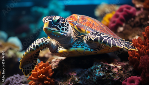 A cute turtle swimming in the colorful underwater reef generated by AI