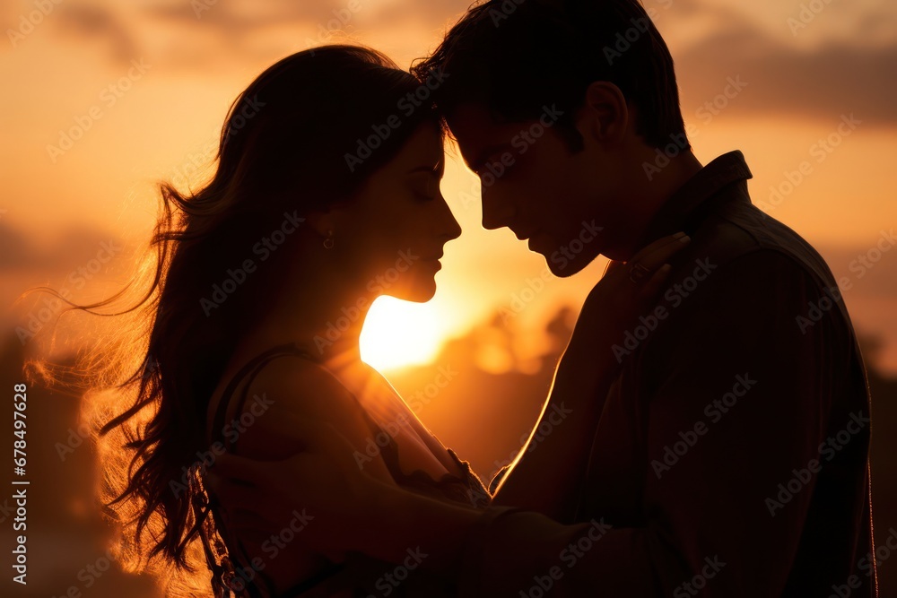 Romantic Silhouette of a Couple Embracing at Sunset on a Beach Generative AI