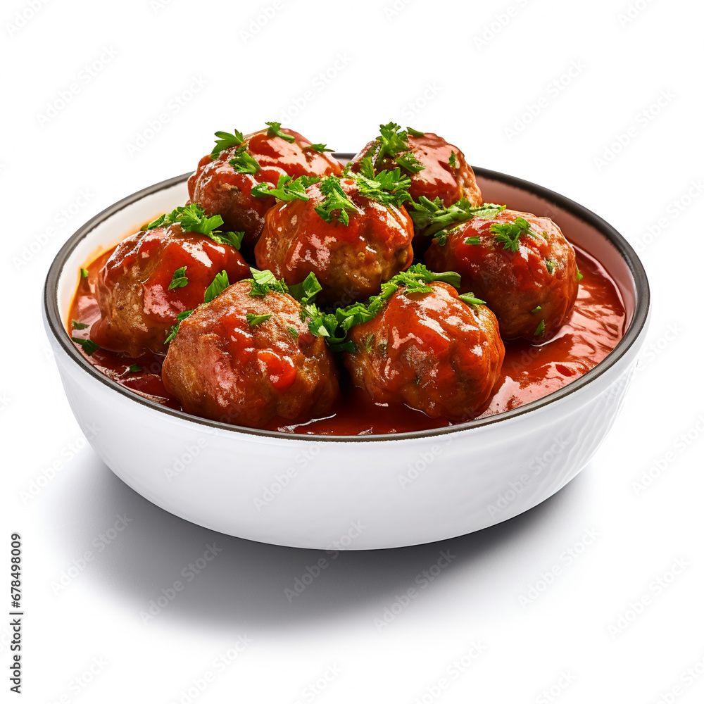 Albondigas in Tomatensauce on a white background, AI Generative. Albondigas in Tomatensauce on a white background, AI Generative.
