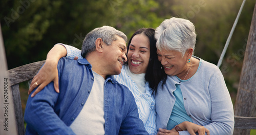 Fotografía Happy family, senior parents or woman on bench in nature, hug or bonding in smile on retirement
