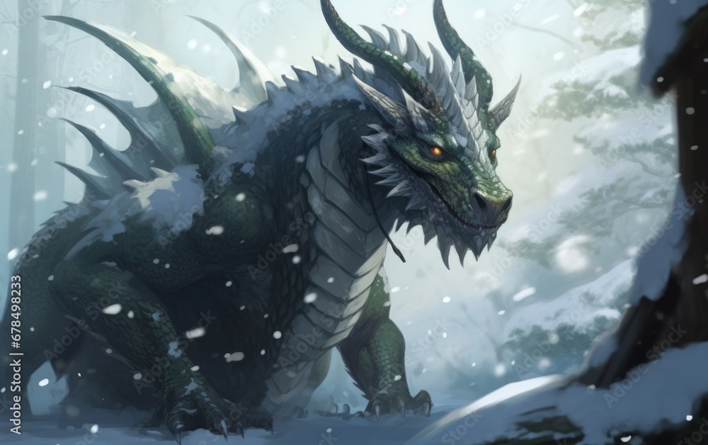 Green dragon in mountains in winter, fantasy art symbol of the New Year 2024, AI Green dragon in mountains in winter, fantasy art symbol of the New Year 2024, AI