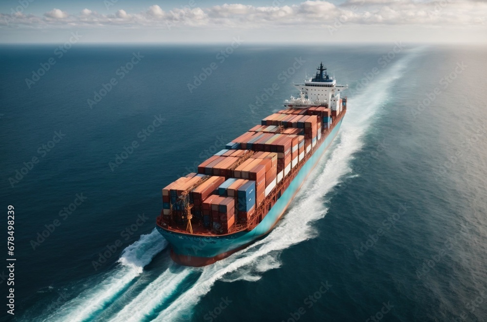Fototapeta premium Aerial view of a container ship sailing in the sea. Freight transportation.