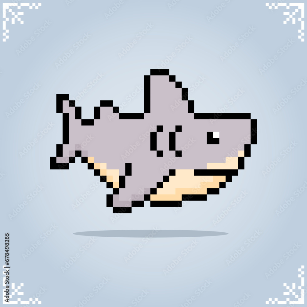 Shark in 8 bit pixels. Animals for game assets and cross stitch patterns in vector illustration