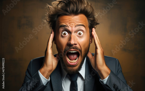 Humorous terrified astonished businessman touching head with hands and looking at camera © piai