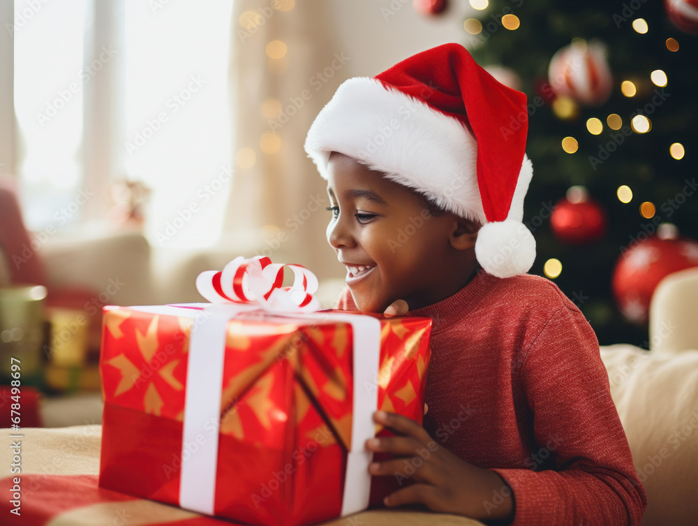 A child was happy to receive presents at Christmas