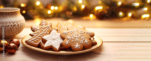 Christmas gingerbread cookies in a plate on a wooden background. Bokeh. Christmas. Generated AI. 