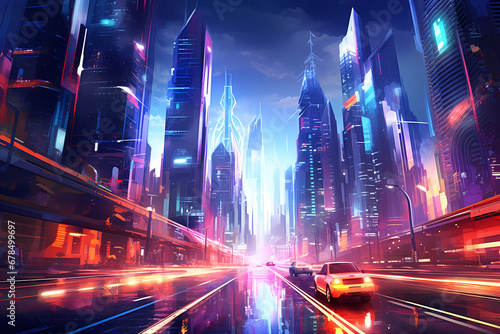 Futuristic city with light trails