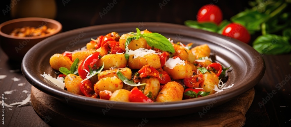 Gnocchi with Mediterranean veggies herbs parmesan and san marzano tomato sauce