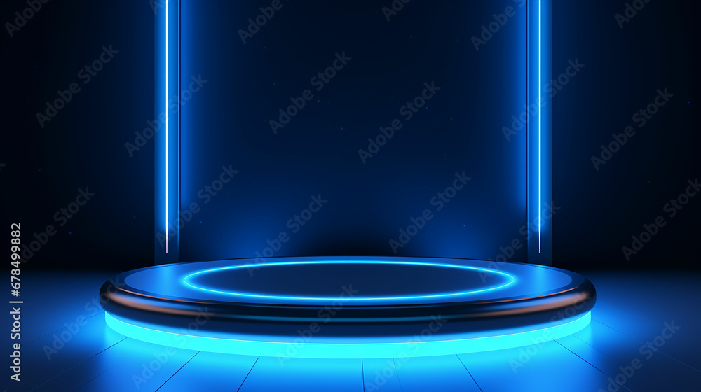 Empty blue podium floating in the air with blue neon ring on background. Made with generative ai - obrazy, fototapety, plakaty 