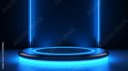 Empty blue podium floating in the air with blue neon ring on background. Made with generative ai © Farid