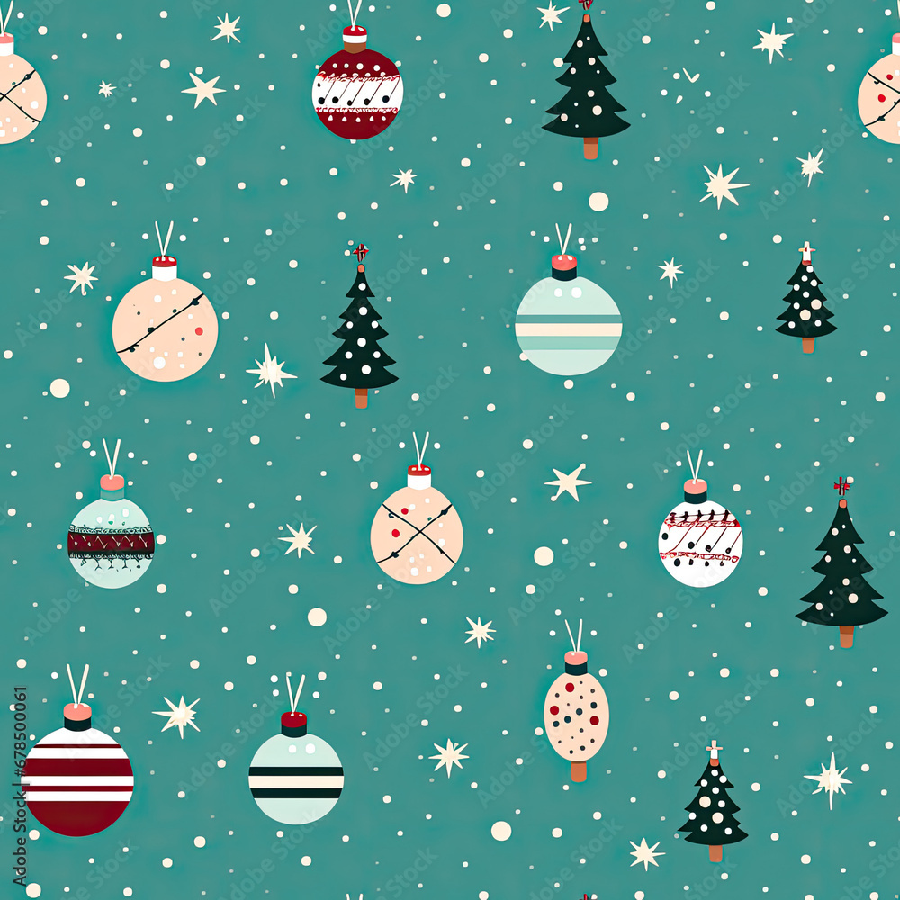 Christmas themed Christmas ball ornaments, snowflakes, stars and tree seamless pattern created with Generative AI Technology 