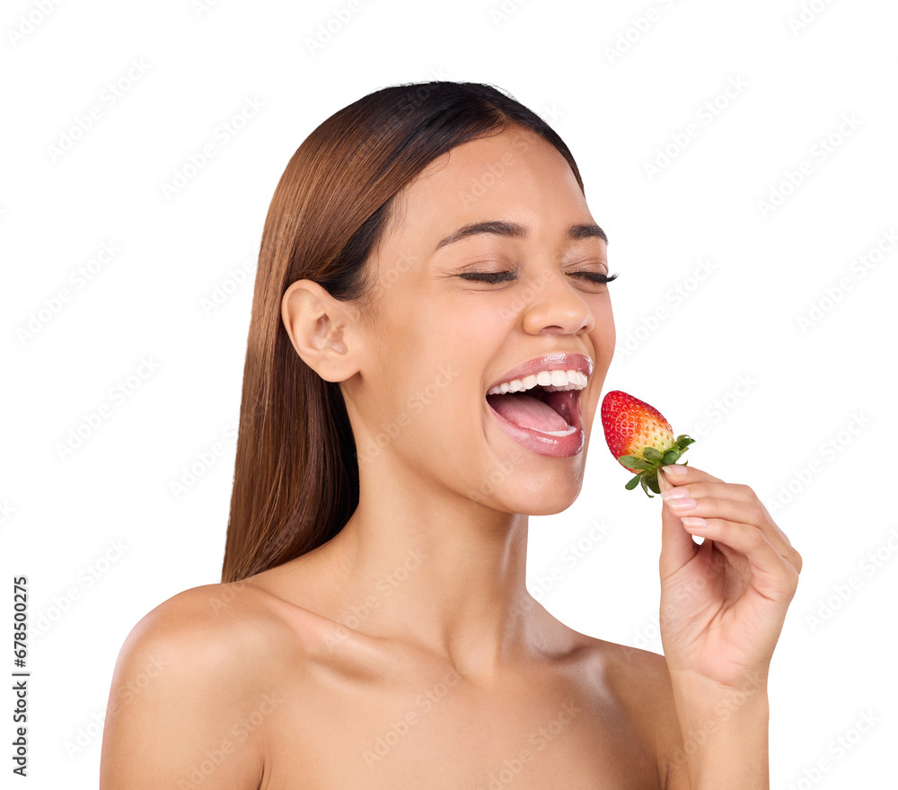 Isolated woman, skincare and strawberry for beauty, diet and happy by transparent png background. Girl, model and smile with thinking for eating sustainable fruit for nutrition, results and change Isolated woman, skincare and strawberry for beauty, diet and happy by transparent png background. Girl, model and smile with thinking for eating sustainable fruit for nutrition, results and change