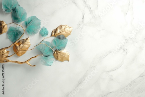 Minimalist art wallpaper with resin geode functional leaves and a 3D abstract background in golden tree, green, light gray, and turquoise. Generative AI