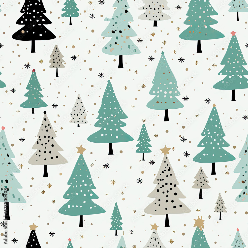 Cute Winter Christmas tree with snowflakes and stars on gray silver tone background seamless pattern Cute Winter Christmas tree with snowflakes and stars on gray silver tone background seamless pattern
