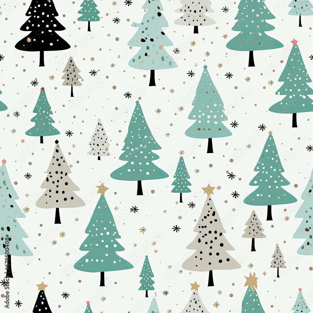 Cute Winter Christmas tree with snowflakes and stars on gray silver tone background seamless pattern created with Generative AI Technology