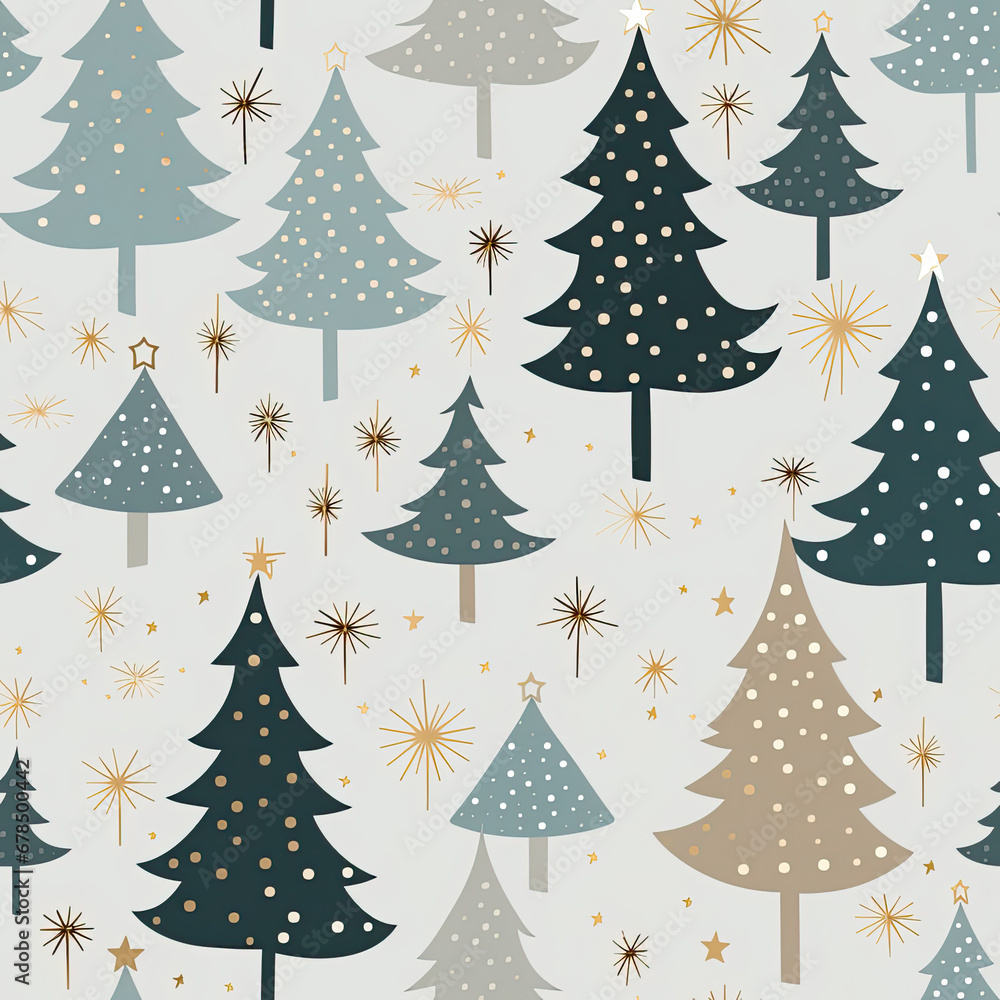 Cute Winter Christmas tree with snowflakes and stars on gray silver tone background seamless pattern Cute Winter Christmas tree with snowflakes and stars on gray silver tone background seamless pattern