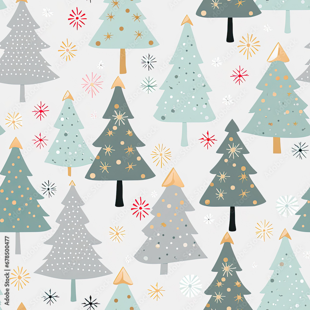 Cute Winter Christmas tree with snowflakes and stars on gray silver tone background seamless pattern created with Generative AI Technology