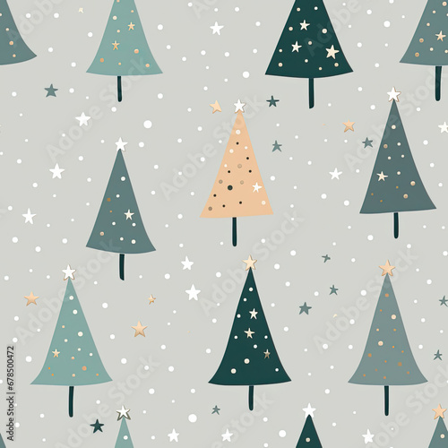 Cute Winter Christmas tree with snowflakes and stars on gray silver tone background seamless pattern created with Generative AI Technology