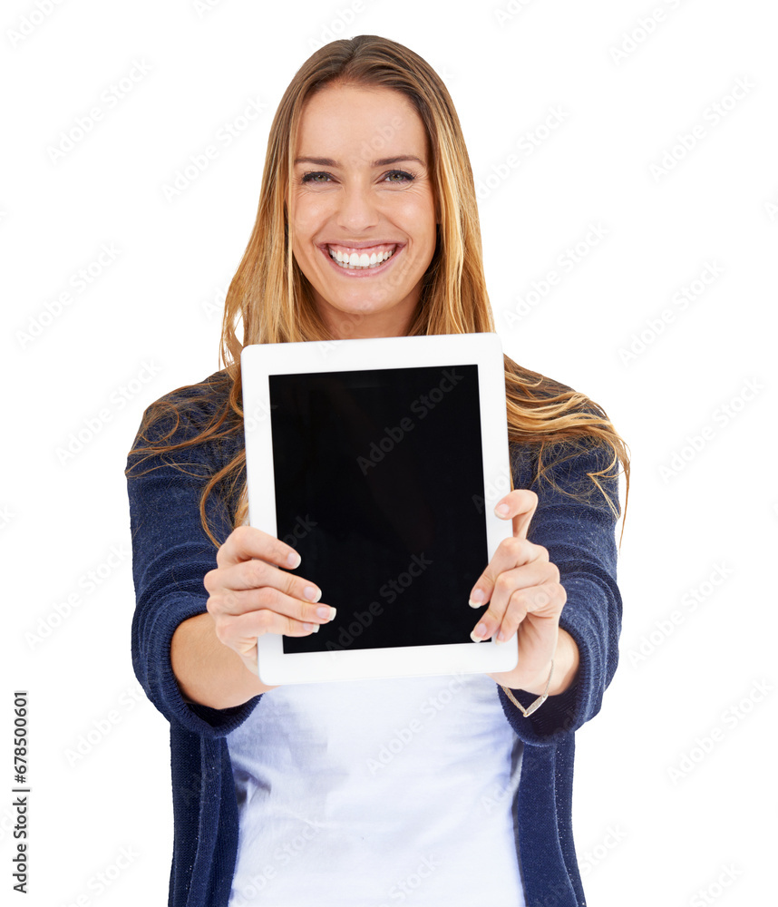 Portrait of happy woman, showing tablet and isolated on transparent png background for website promo. Happy model, mockup and digital app for online technology, application and internet announcement. Portrait of happy woman, showing tablet and isolated on transparent png background for website promo. Happy model, mockup and digital app for online technology, application and internet announcement.