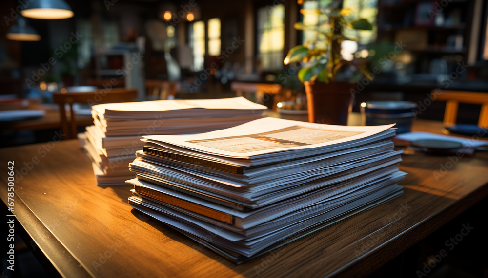 A large collection of books on a wooden desk generated by AI A large collection of books on a wooden desk generated by AI