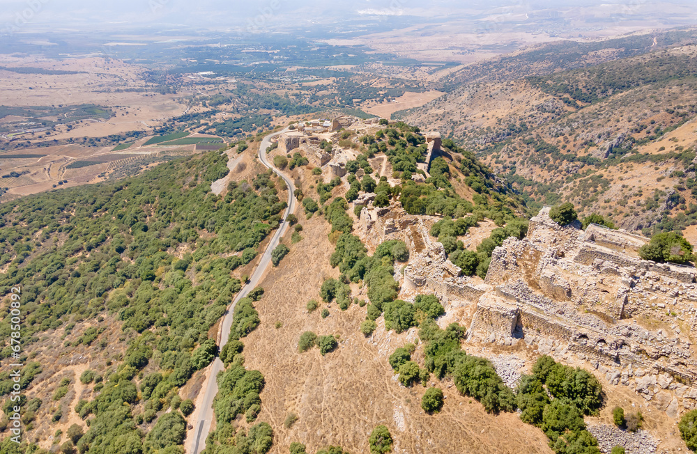 Drone  view of the remains of the medieval fortress of Nimrod - Qalaat al-Subeiba, located near the border with Syria and Lebanon on the Golan Heights, in northern Israel