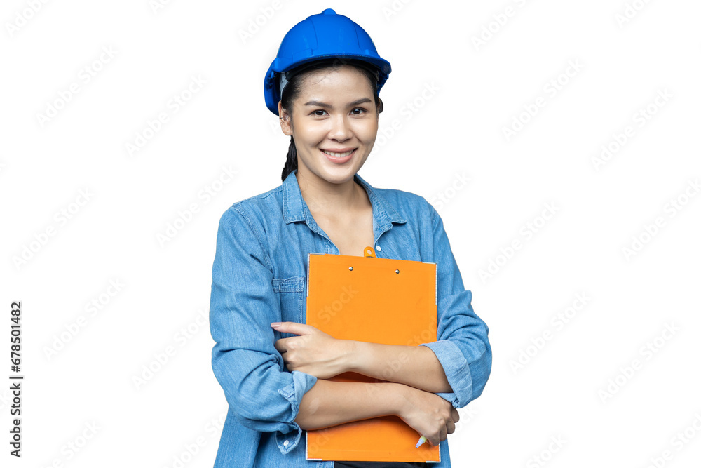 Portrait of female worker wearing safety uniform, helmet standing and working with clipboard on white background Portrait of female worker wearing safety uniform, helmet standing and working with clipboard on white background