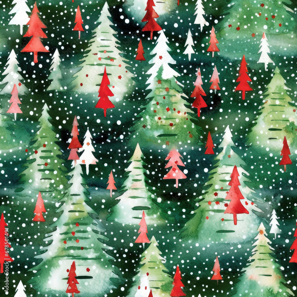 abstract expressionism watercolor small red green and white Christmas tree with snowing lights seamless pattern created with Generative AI Technology