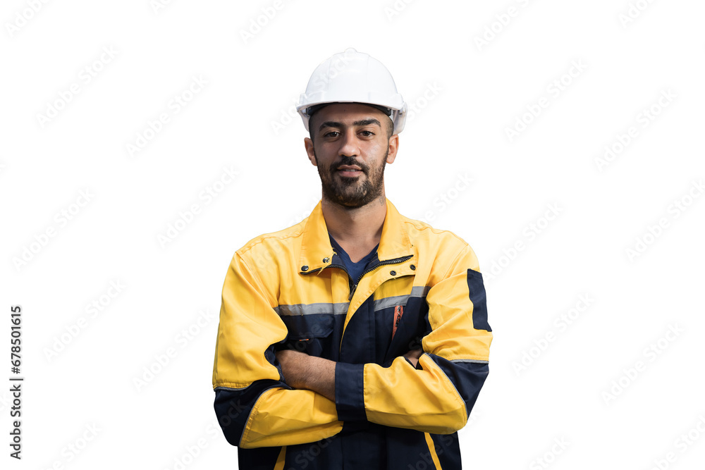 Portrait of male engineer wear uniform and helmet standing witch crossed arms on white background Portrait of male engineer wear uniform and helmet standing witch crossed arms on white background