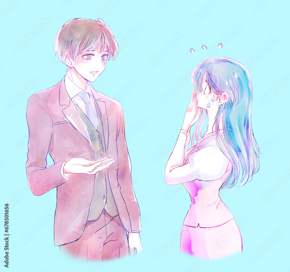 困っている女性に説明をする男性　会社員