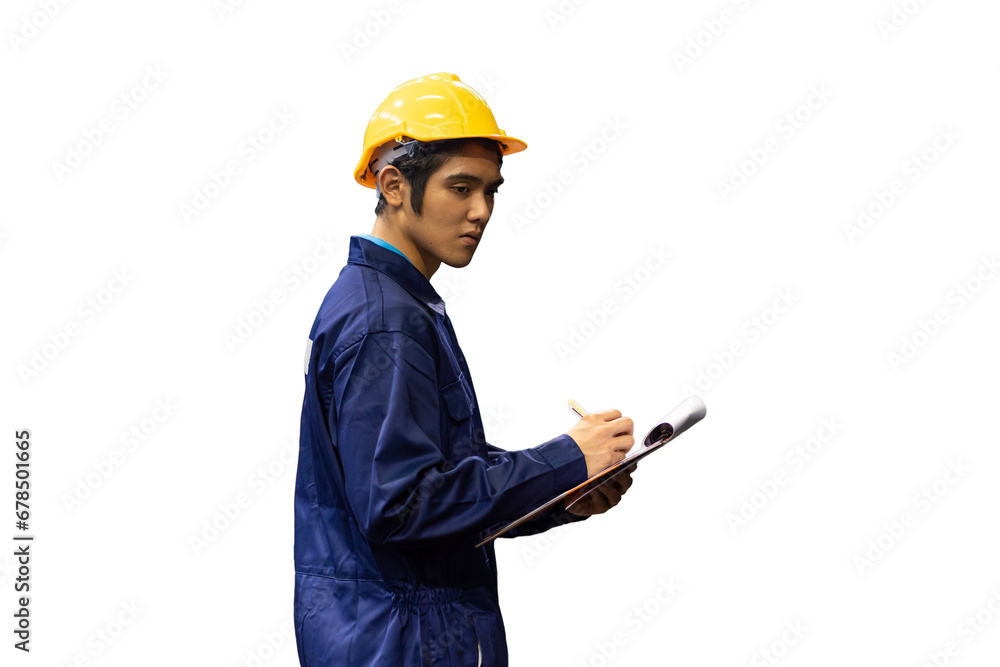 Portrait of male factory worker wearing safety uniform, helmet standing and working with clipboard on white background Portrait of male factory worker wearing safety uniform, helmet standing and working with clipboard on white background