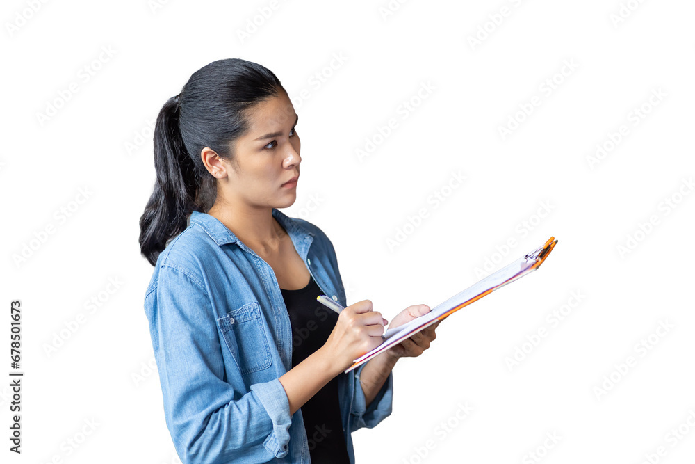 Portrait of female worker wearing safety uniform standing and working with clipboard on white background Portrait of female worker wearing safety uniform standing and working with clipboard on white background
