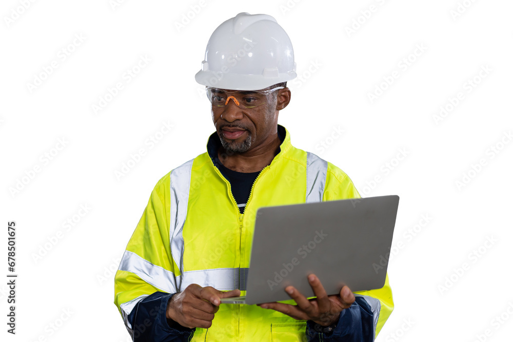 Portrait of male engineer wear uniform and helmet standing and working laptop computer on white background Portrait of male engineer wear uniform and helmet standing and working laptop computer on white background